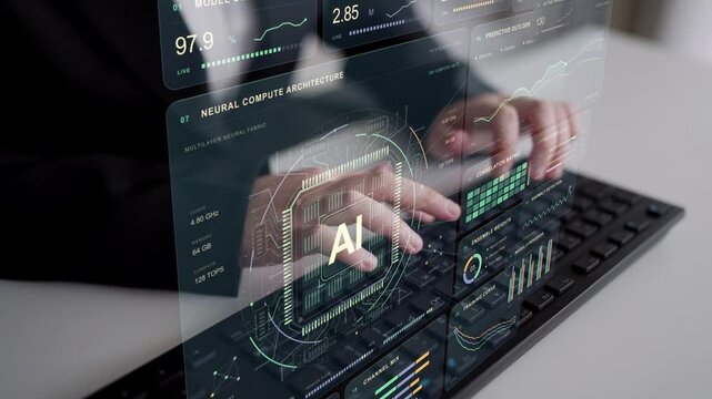 A person types on a keyboard. An AI analytics process links data preparation and learning with forecasts and anomaly checks, combining several measures of performance in a connected system.
