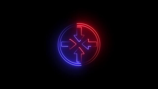 Abstract direction neon arrow sign icon animation. Glowing neon arrow blue color abstract neon line glowing 4 inside arrow animation. 4k video.