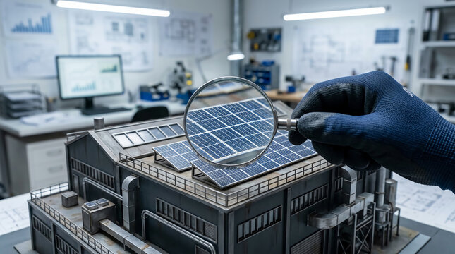 Professional technician inspecting solar panels on a miniature industrial building model with a magnifying glass in a laboratory setting, green energy engineering research concept