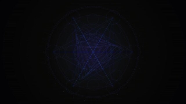 Complex blue looping geometric symbol displays against a pitch black backdrop
