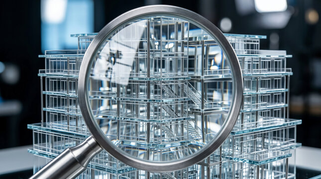 Magnifying glass focusing on a detailed glass architectural model in a professional design studio, showcasing futuristic structural planning and modern corporate office project design.