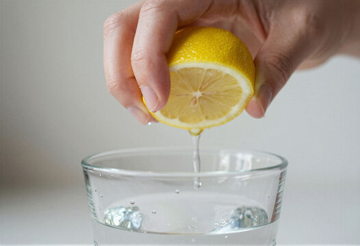 A hand squeezing a lemon wedge into a glass of water, macro