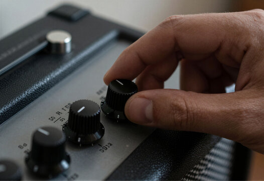 A hand adjusting the volume knob on a guitar amp, macro