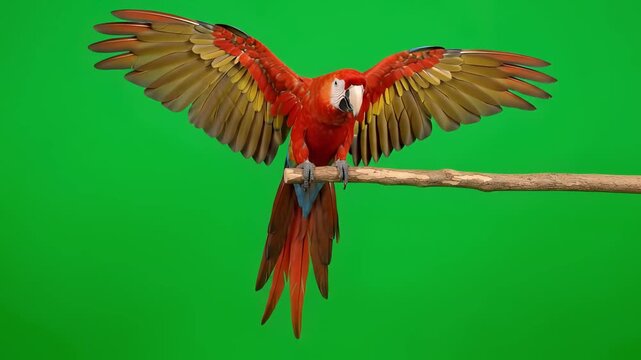 Scarlet Macaw Perched on Branch Against Green Screen