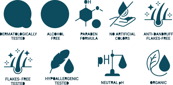 Cosmetics and Skincare Product Packaging Badge Set Featuring Dermatologically Tested, Organic, Paraben Free, Alcohol Free, and Hypoallergenic Tested Vector Label Icons