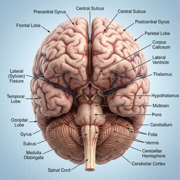 Anatomical Diagram of Human Brain with Labeled Parts illustration