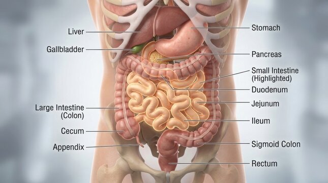 Educational diagram of human digestive system anatomy illustration