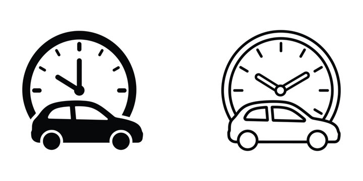 Speedometer and clock icons with car graphic illustrating time and speed concepts for design projects