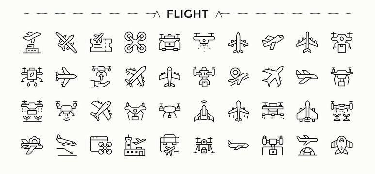 Flight icon set. Minimalist linear icons. Included airplane, airplane, air, airline, aviation, plane. Signs for web and mobile app. Flight vector icon set.