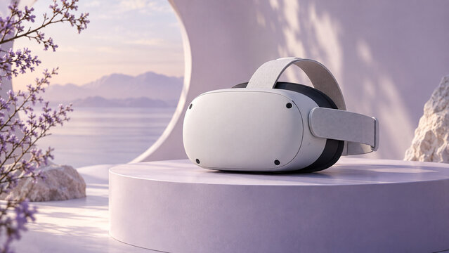 Modern virtual reality headset on a soft pastel futuristic background