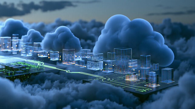 A conceptual 3D illustration of a complete miniature website structure moving safely from an old digital platform to a modern cloud infrastructure, transparent architectural blocks suspended between
