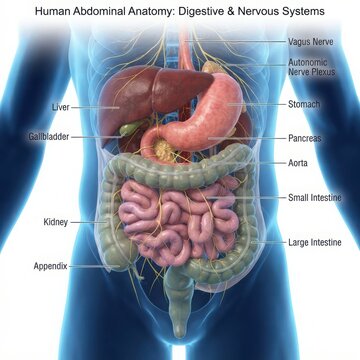 Human abdominal anatomy digestive and nervous systems chart illustration