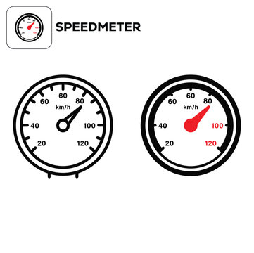 Speedometer gauge icon set with black and red needles, flat vector illustration isolated on white background for automotive dashboard interface