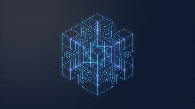 Geometric snowflake glows with neon blue circuits on a dark metallic background.