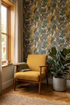 Mid-century modern living room with mustard armchair and tropical wallpaper
