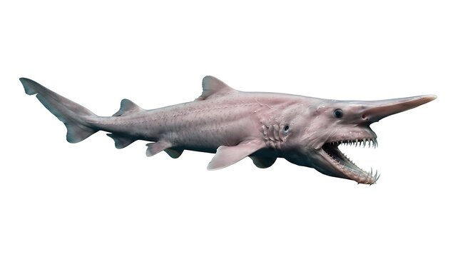 An intriguing goblin shark, a deep-sea dweller known for its distinctively elongated snout and sharp teeth, captured in a studio shot against a white background