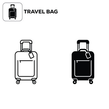 Travel bag icon set featuring suitcase with luggage tag in line art and solid black silhouette styles