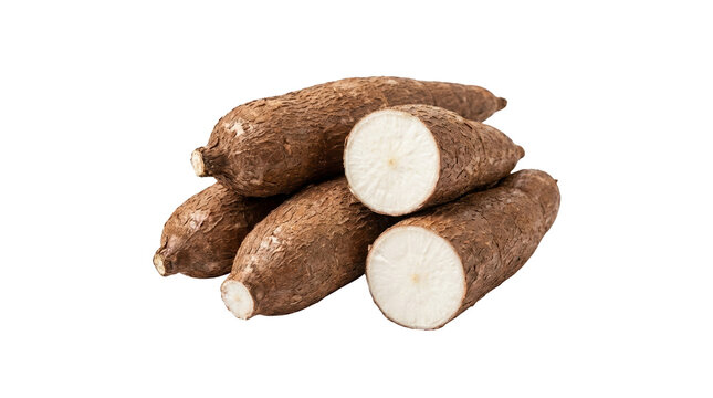 Heap of Raw Cassava Roots One Cut in Half Showing White Flesh and Textured Brown Skin PNG Isolated on transparent background
