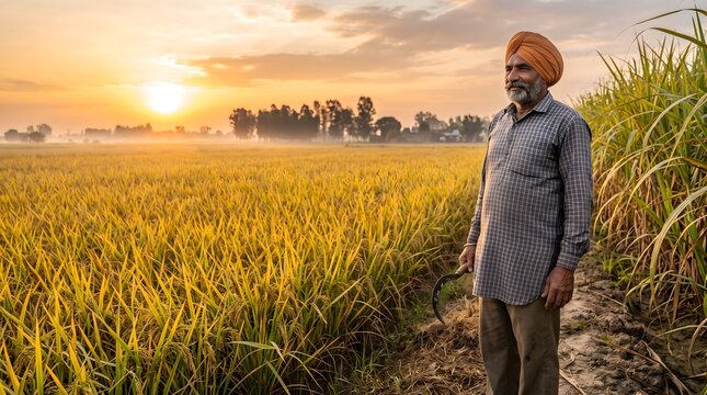 Indian farmer standing in a golden rice field at sunrise holding a
