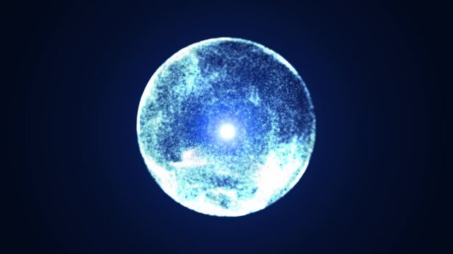 Futuristic blue energy sphere with glowing digital particles, abstract magic orb motion graphic for sci-fi video background