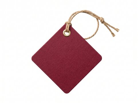 Blank Burgundy Diamond Shaped Hang Tag With String On White Background