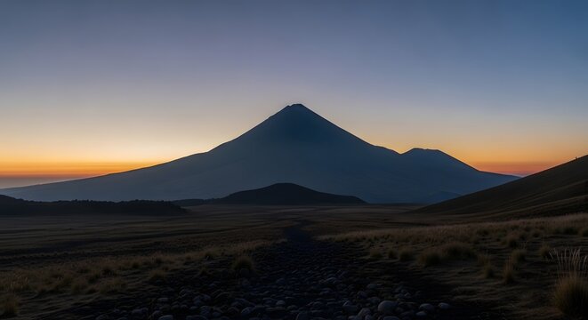 Pico de Orizaba volcano silhouette during dawn with vast plains and golden horizon in Mexico