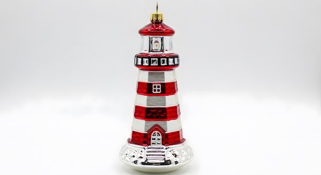 Red and white striped glass lighthouse ornament against a clean white background