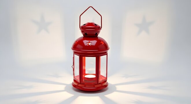 Red metal lantern with lit candle casting star shadows on a clean white background