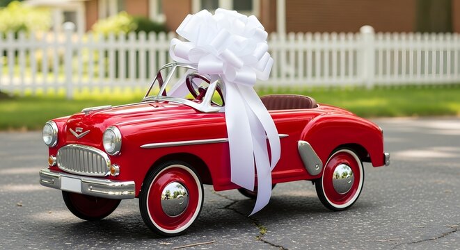 Red vintage toy car with large white bow in suburban setting signifying surprise gift