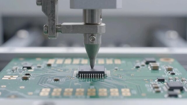 Robotic nozzle placing microchip on circuit board, electronics assembly, 4K