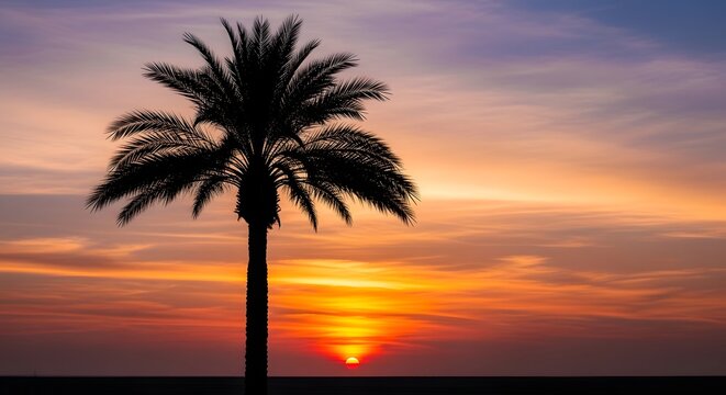 Silhouette palm tree against a vibrant sunset with warm orange and purple hues over the ocean horizon