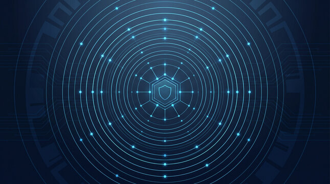 Cyber security shield icon glows at the center of concentric digital circles and data lines.