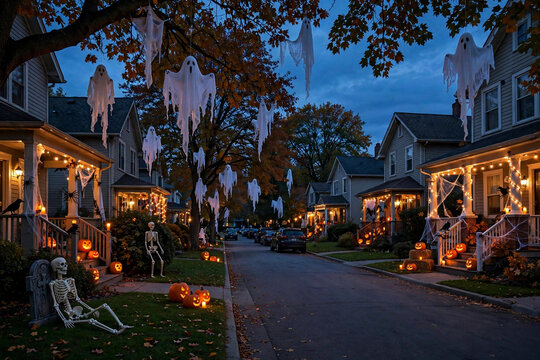 Suburban Street Decorated with Halloween Lights, Ghosts and Skeletons at Dusk