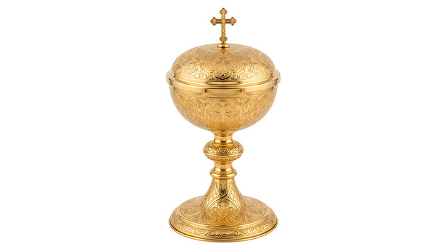 Golden Catholic communion chalice ciborium with cross lid PNG isolated transparent background