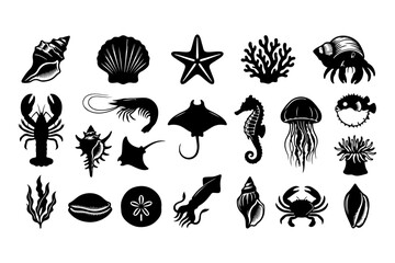 Obraz premium Set of vector sea life and marine animals silhouettes, including shells, starfish, lobster, seahorse, jellyfish, crab and coral isolated on white background