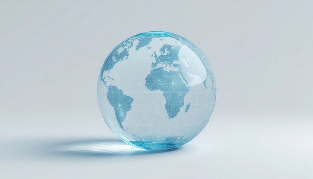 Transparent glass world globe resting on a light gray surface with earth map transparent sphere planet earth world politics international business crystal world glass sculpture world studies