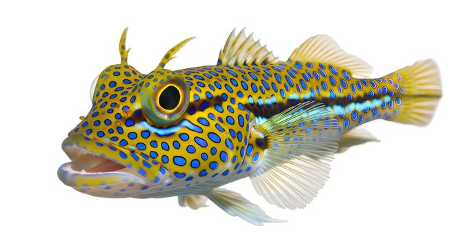 Spotted Blenny fish swimming in clear blue water with a white background and vibrant colors