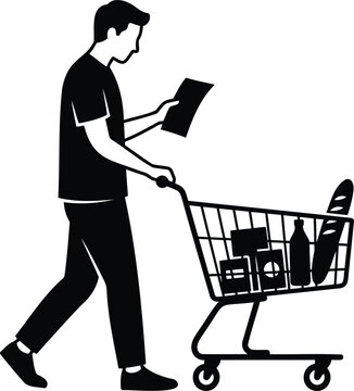 Silhouette of a man pushing a shopping cart filled with groceries and holding a list