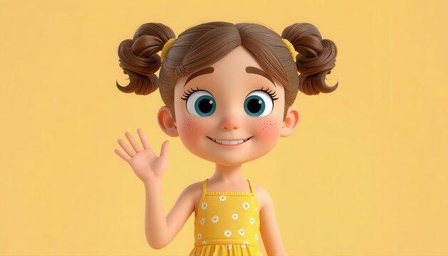 Cute cartoon girl with pigtails waving hello against a yellow background waving hand cute character friendly gesture 3D character smiling child animated girl little girl playful character