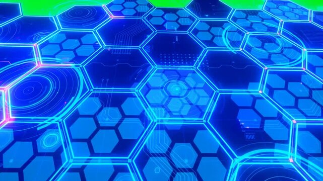 Neon blue hexagon tech grid pulsing on green screen