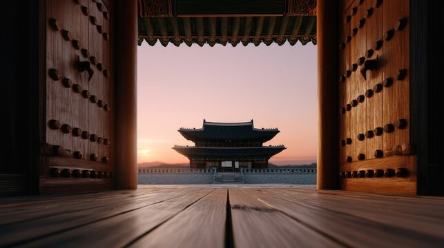 Tranquil Sunset View Through Open Doors at Historic Palace Structure