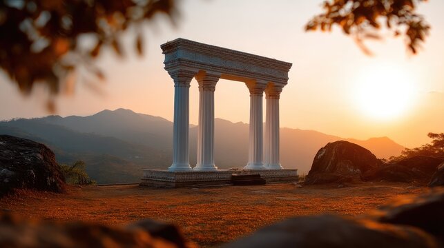 Majestic Sunrise Over Ancient Columns with Mountain Backdrop