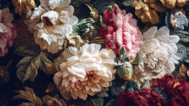 Vibrant Floral Embroidery Close-Up with Multicolored Flower Design