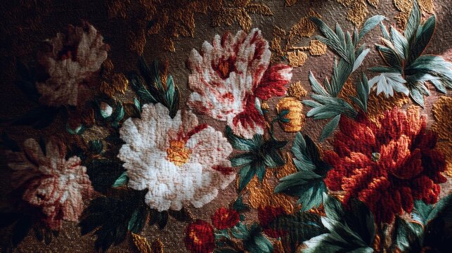 Elegant Floral Fabric with Red and White Flowers in Textured Design