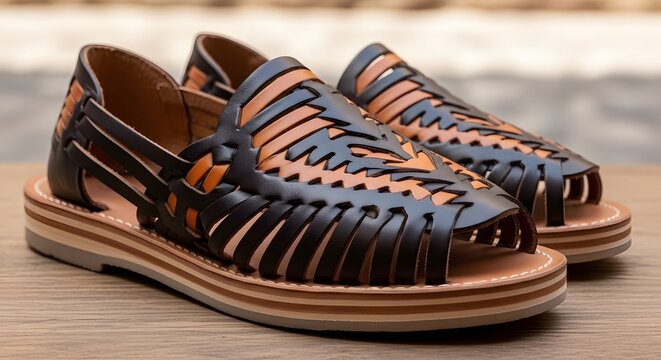 Woven Leather Huarache Sandals on Wooden Surface with Soft Lighting
