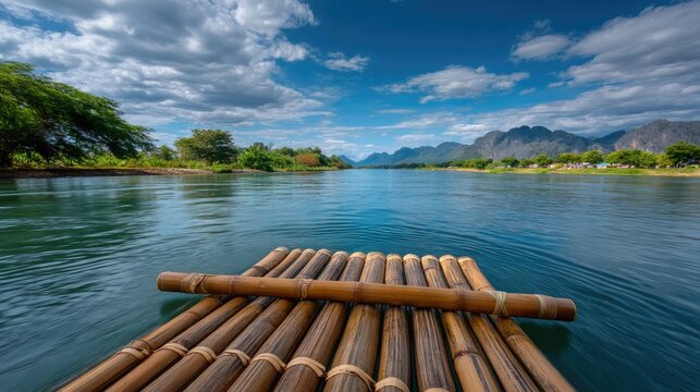 Serene Bamboo Raft on Calm River Under Blue Sky with Clouds