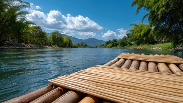 Serene Bamboo Raft on Calm River Under Bright Blue Sky