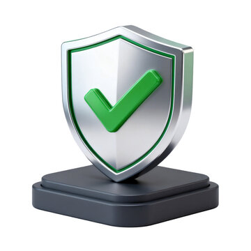 [Transparent Background PNG]Metallic Shield with Green Checkmark on Display Stand for Security and Protection