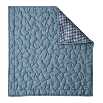 Baby bedding accessory, reversible quilted cot quilt in dusty blue with star channel stitch and contrast gingham reverse isolated on transparent background