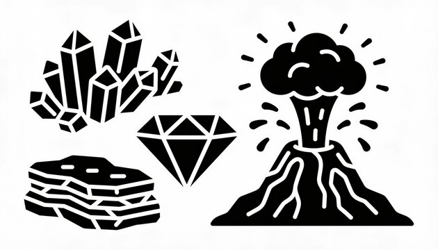 volcano erupting, crystal cluster, diamond gem, geology layers, gemstone, geology, rock, magma, lava, nature, mineral, obsidian, stone, geology vector icon set